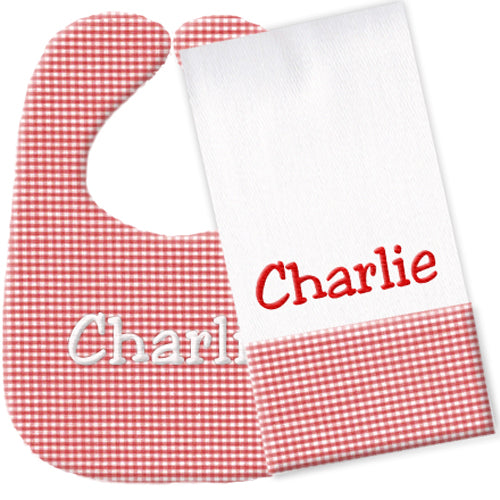 Personalized Bib/Burp Set  Red Gingham Discontinued Moonbeam Baby