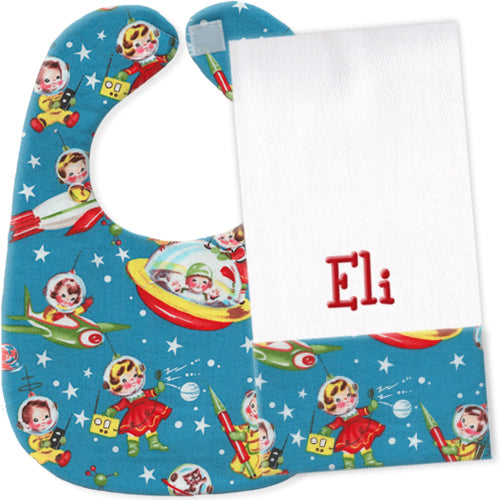 Personalized Burp Cloth/Bib Set  Retro Rockets Bib & Burp Sets Moonbeam Baby