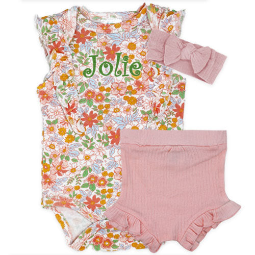Personalized 3 Piece Set Pink Floral Monogrammed Apparel Rose Textiles