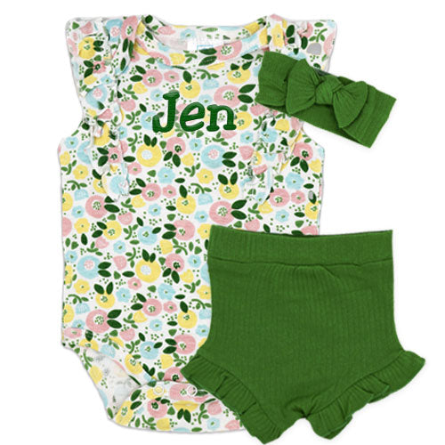 Personalized 3 Piece Set Green Floral Monogrammed Apparel Rose Textiles