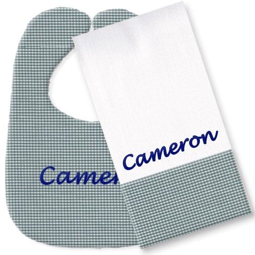 Personalized Bib/Burp Set  Smoke Grey Gingham Discontinued Moonbeam Baby