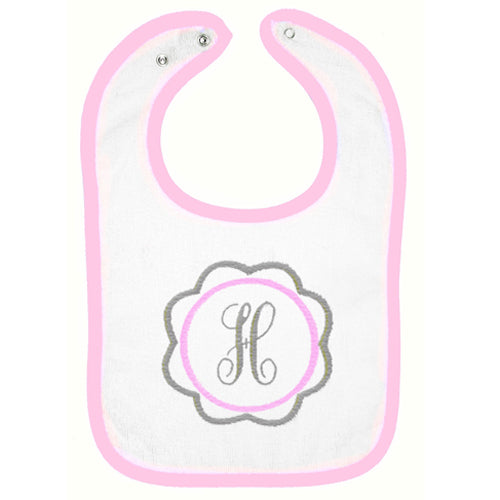 Embroidered Bib  Pink & Grey Frame with Pink Trim Bibs Moonbeam Baby