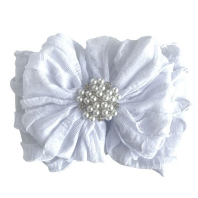 Ruffled Headband Bow by Rockin Royalty White Discontinued Rockin Royalty