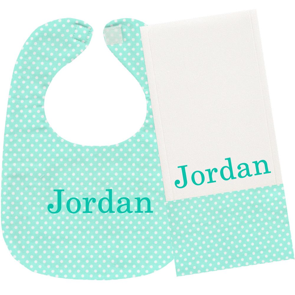 Personalized Bib/Burp Set Aqua with White Circles Bib & Burp Sets Moonbeam Baby