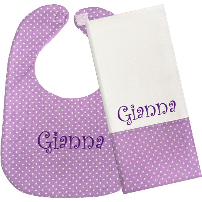 Personalized Bib/Burp Set Lavender Swiss Dots Bib & Burp Sets Moonbeam Baby