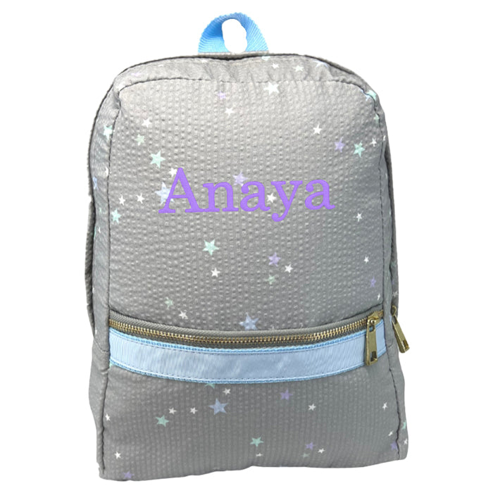 Personalized Backpack by Mint Medium Stars on Grey Seersucker Backpacks and Lunch Boxes Mint
