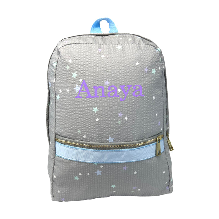 Personalized Backpack by Mint Stars on Grey Seersucker Backpacks and Lunch Boxes Mint