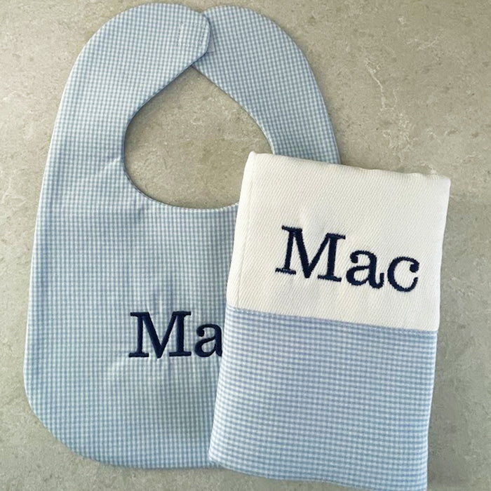 Personalized Bib/Burp Set Light Blue Gingham Bib & Burp Sets Moonbeam Baby