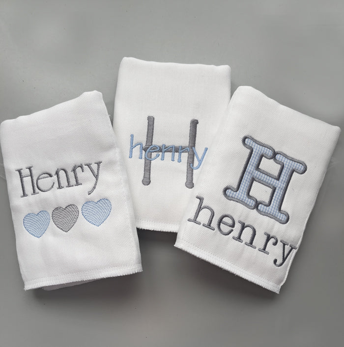 Personalized Burp Cloth Set Applique, Name Initial, Hearts (#1) Burp Cloths Moonbeam Baby