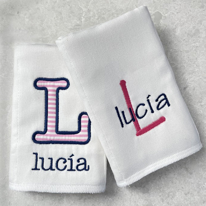 Personalized Burp Cloth SET Name & Initial Hot Pink Stripe & Navy Name Burp Cloths Moonbeam Baby