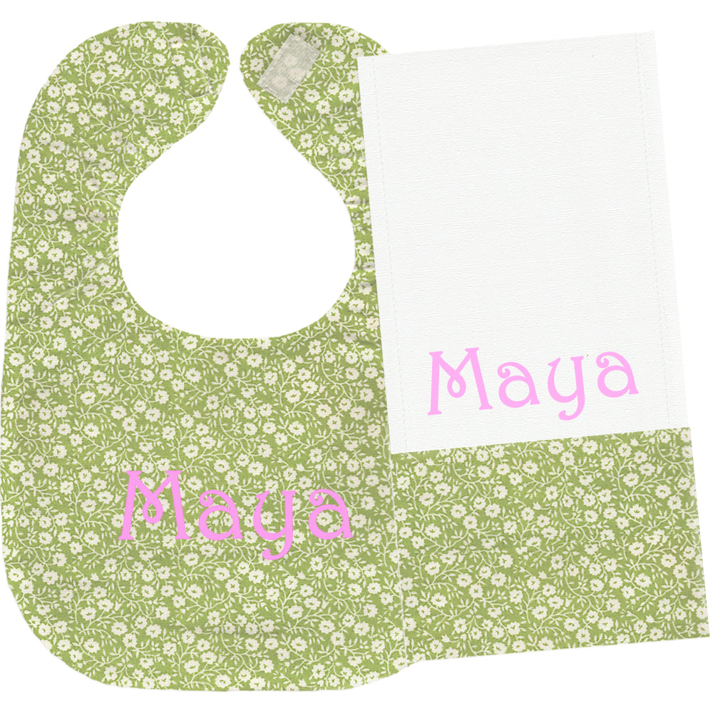 Personalized Bib/Burp Set  Green Floral