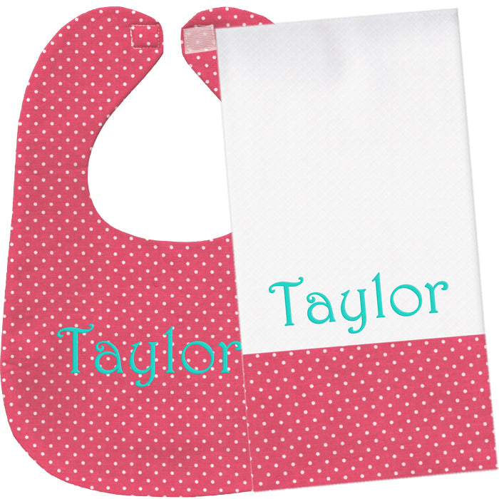 Personalized Bib/Burp Set Hot Pink Swiss Dots Bib & Burp Sets Moonbeam Baby