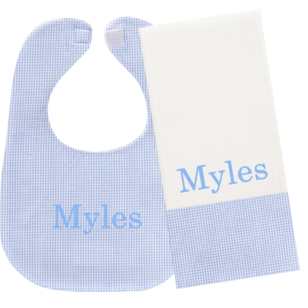 Personalized Bib/Burp Set Light Blue Gingham Bib & Burp Sets Moonbeam Baby