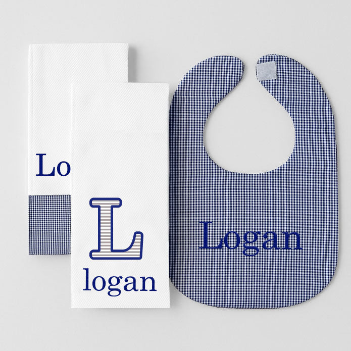 Personalized Burp Cloth Navy Gingham Set of Three Bib & Burp Sets Moonbeam Baby