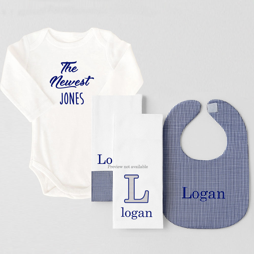 Personalized Gift Set Navy Gingham Navy Thread and Newest LS Onesie (#14) Bib & Burp Sets Moonbeam Baby