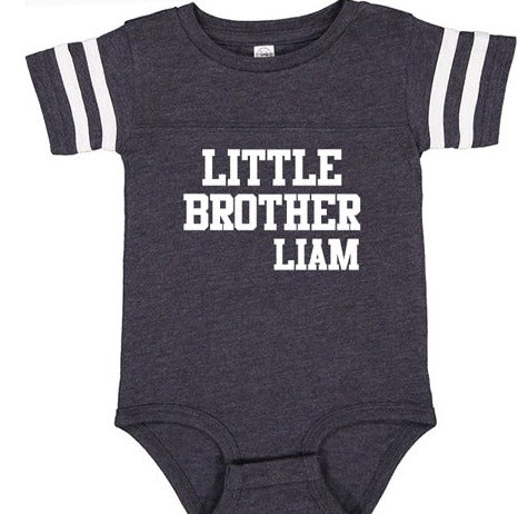 Little Brother Personalized Onesie  Football Style in Denim Big Brother & Little Brother Shirts Kristi   