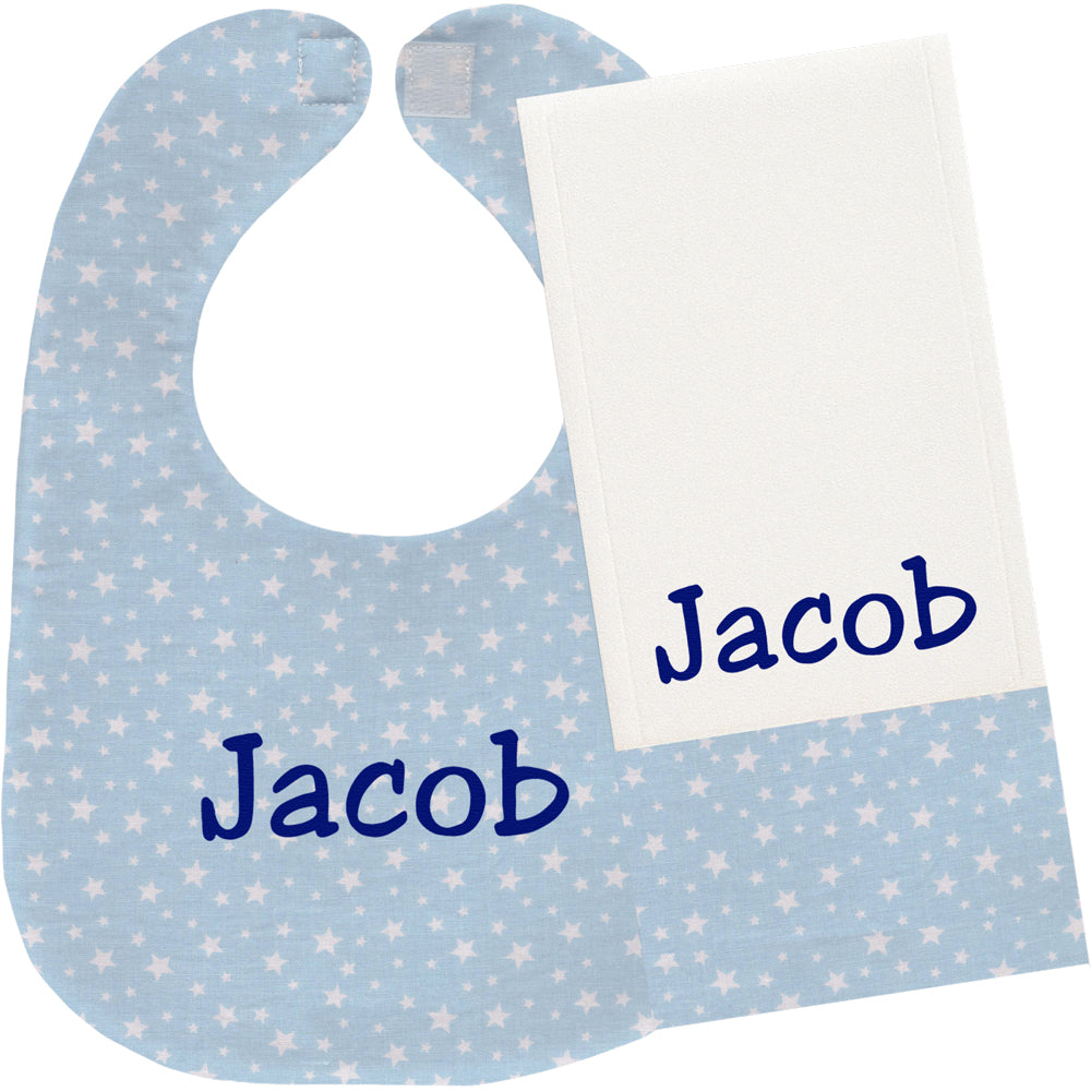 Personalized Bib/Burp Set  Blue Stars