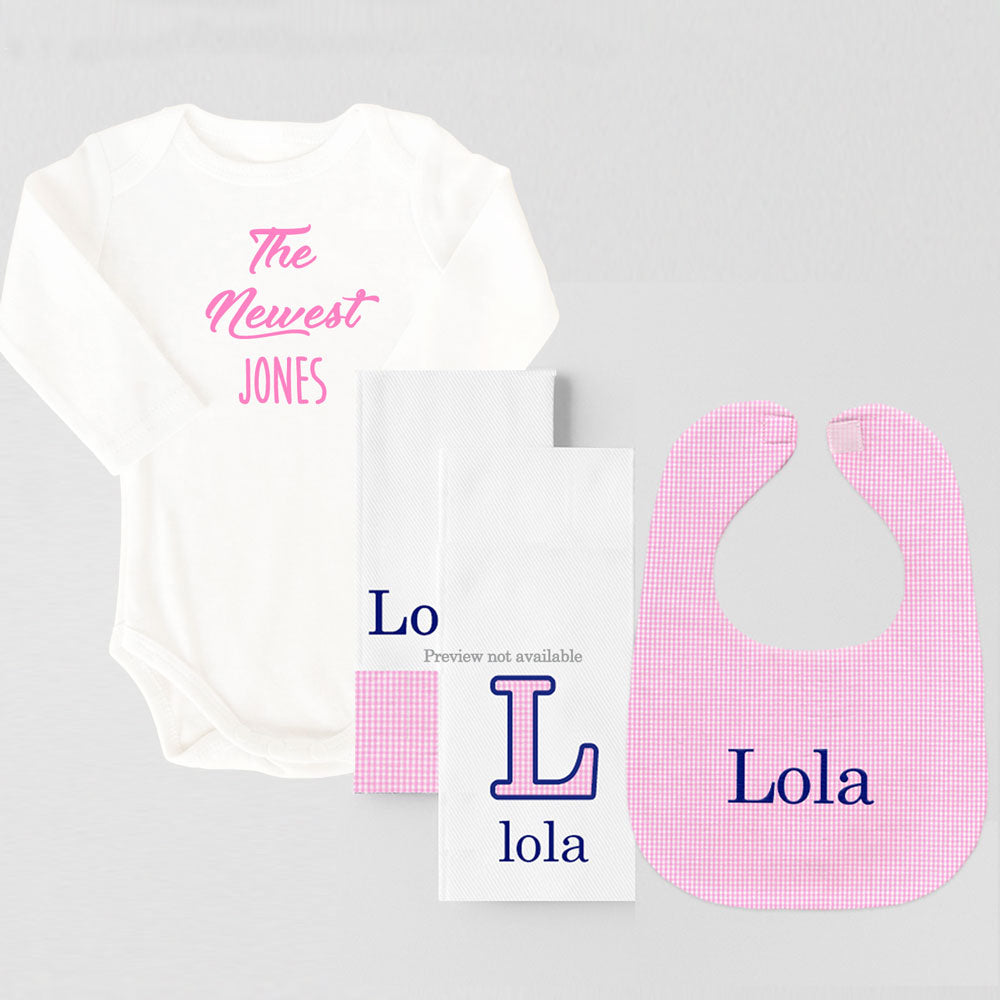 Personalized Gift Set Pink Gingham Navy Thread and Newest LS Onesie (#12) Bib & Burp Sets Moonbeam Baby