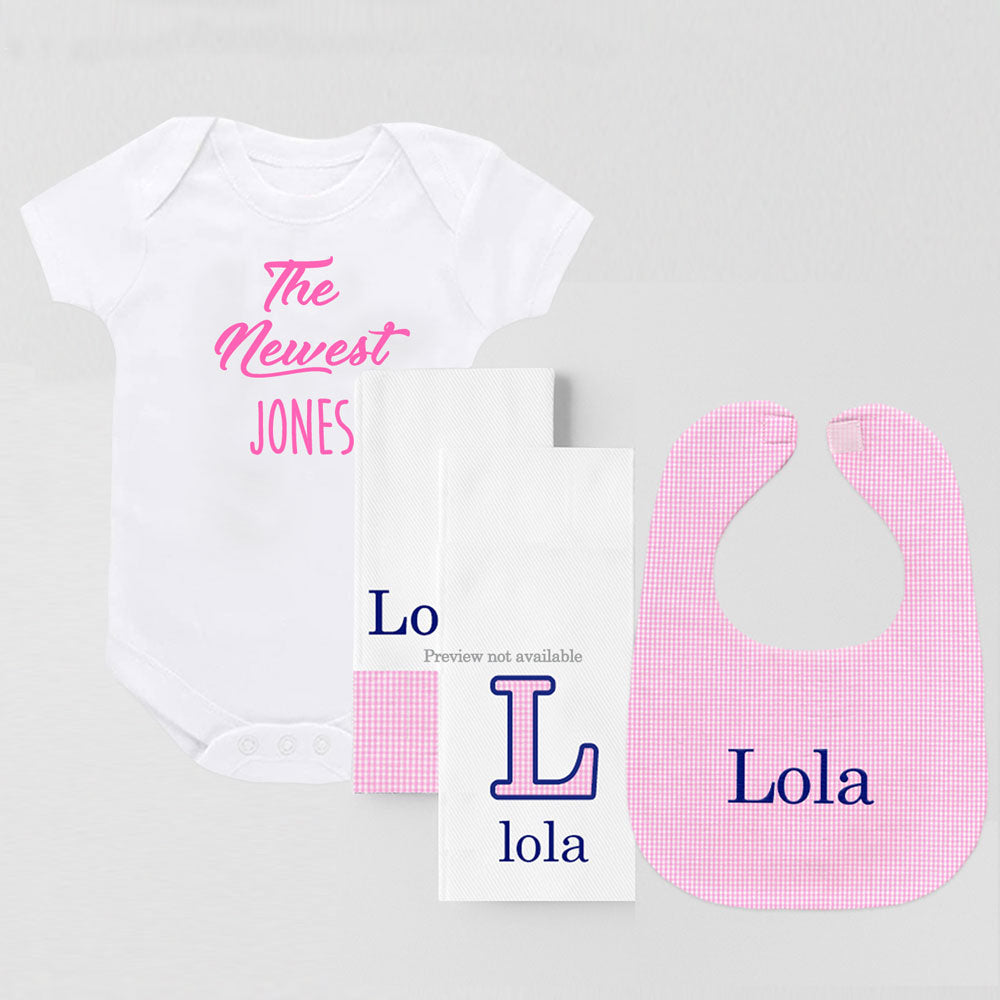 Personalized Gift Set Pink Gingham and Newest Onesie Bib & Burp Sets Moonbeam Baby