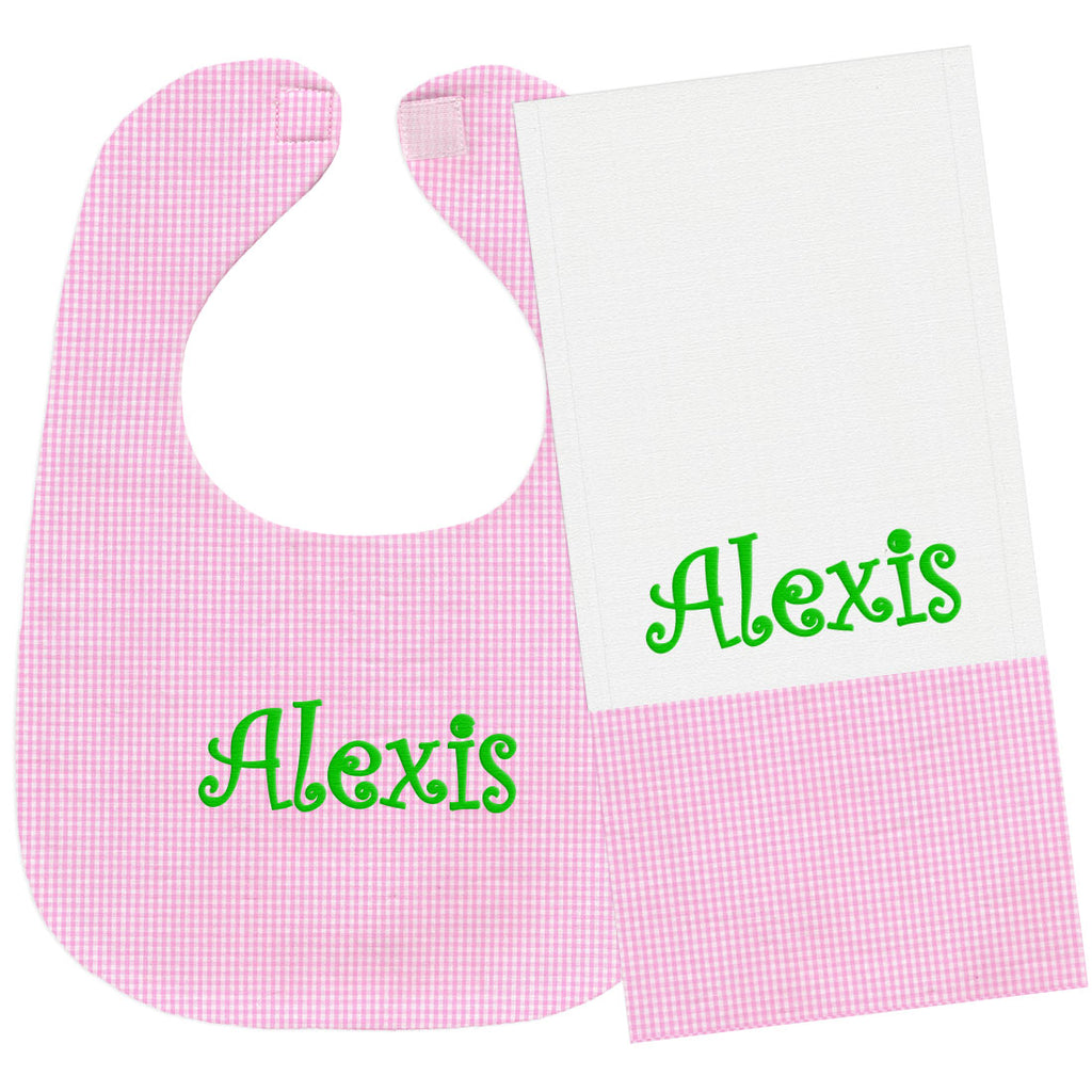 Personalized Bib/Burp Set Pink Gingham Bib & Burp Sets Moonbeam Baby