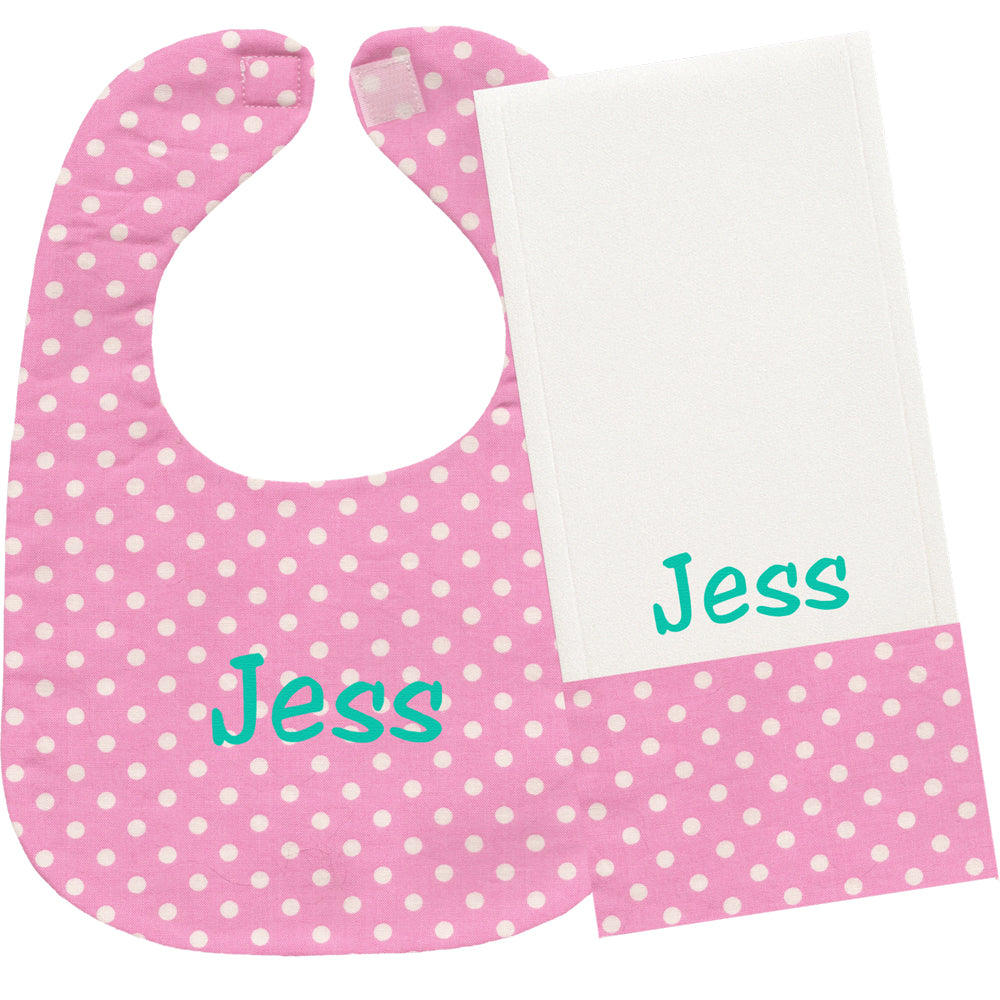 Personalized Bib/Burp Set Pink with White Dots Bib & Burp Sets Moonbeam Baby
