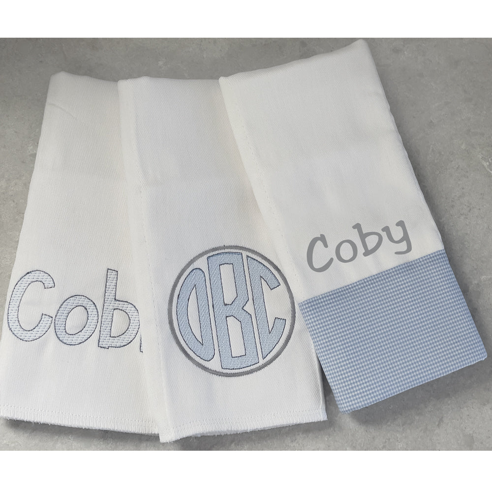 Personalized Burp Cloths Set Vintage Monogram, Blue Gingham, Sketch Stitch (#4) Burp Cloths Moonbeam Baby