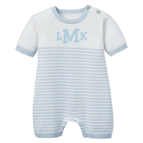 Personalized Ministripe Shortall   Cloud Blue Monogrammed Apparel Elegant Baby   