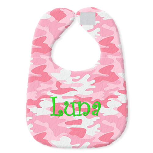 Personalized Bib Pink & White Camo Discontinued Moonbeam Baby