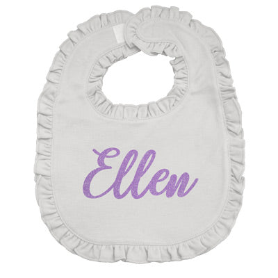 White Ruffle Bib - Lavender Glitter Discontinued Kristi Lavender Glitter