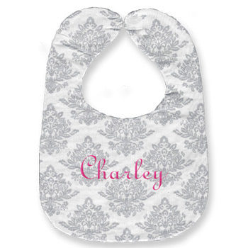 Personalized Bib  Pale Grey Damask Discontinued Moonbeam Baby   