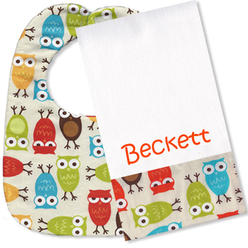 Personalized Bib/Burp Set  Owls Discontinued Discontinued   