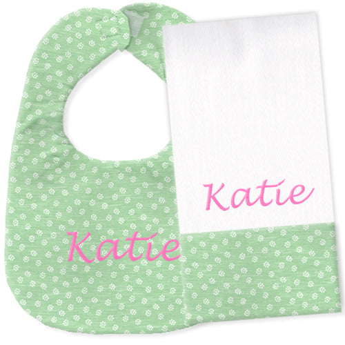 Personalized Bib/Burp Set  Green Rosies Discontinued Discontinued   