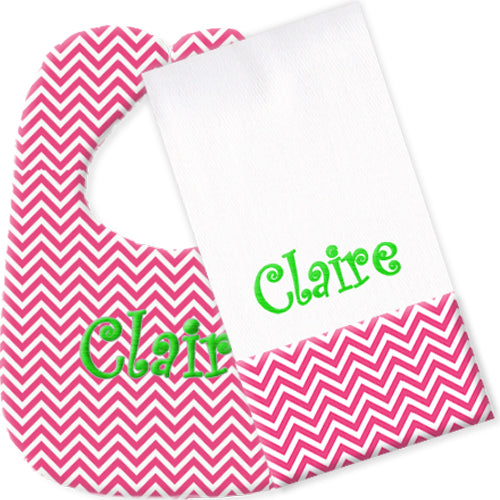 Personalized Bib/Burp Set  Hot Pink Chevrons Bib & Burp Sets Moonbeam Baby   