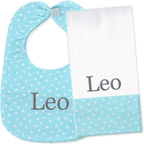 Personalized Bib/Burp Set  Light Blue White Dots Bib & Burp Sets Moonbeam Baby   