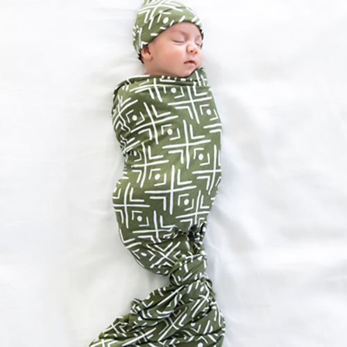 Stretchy Swaddle and Hat Set   Olive Mudcloth Discontinued Discontinued   
