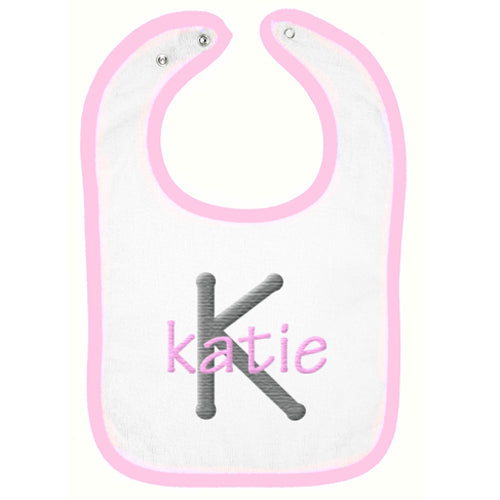 Embroidered Bib  Name & Initial  Grey & Light Pink Bibs Moonbeam Baby   