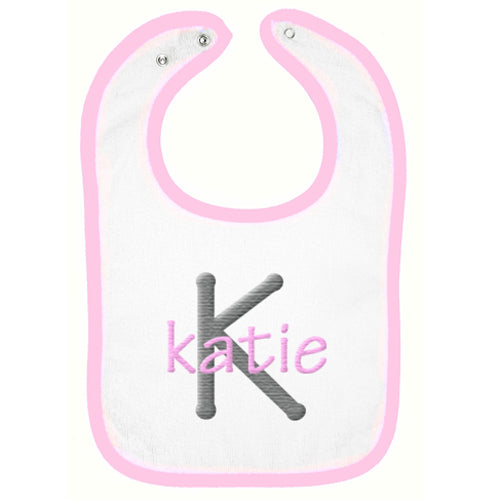 Embroidered Bib  Name & Initial  Grey & Light Pink Discontinued Moonbeam Baby   
