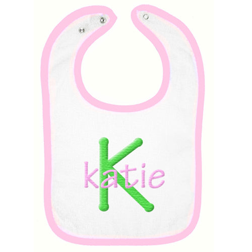 Embroidered Bib  Name & Initial  Green & Pink Bibs Moonbeam Baby   