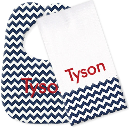 Personalized Bib/Burp Set  Navy Chevrons Discontinued Moonbeam Baby   