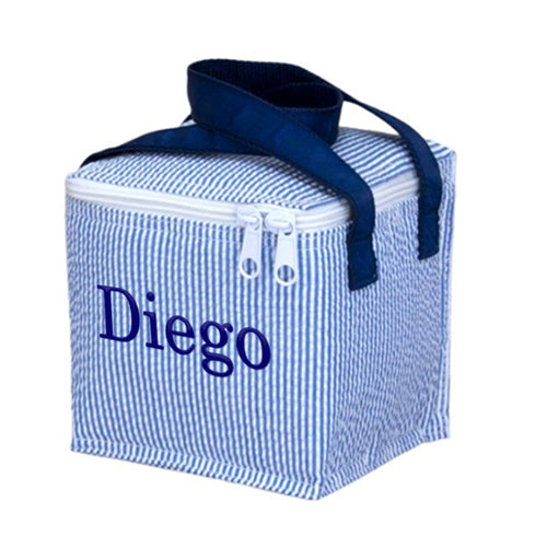 Snack Square  Navy Seersucker Backpacks and Lunch Boxes Mint