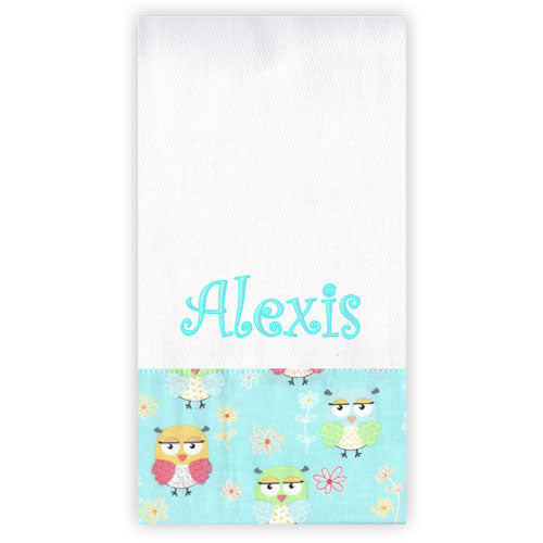 Personalized Burp Cloth Owls on Aqua Discontinued Moonbeam Baby