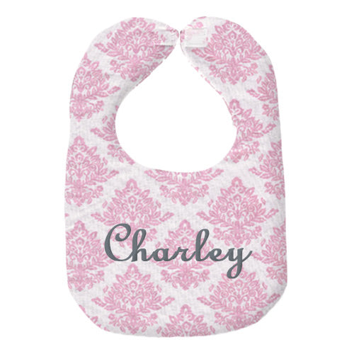 Personalized Bib  Pale Pink Damask Discontinued Moonbeam Baby   