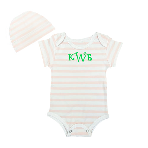 Personalized Onesie/Hat Set  Light Pink and White Stripes Monogrammed Apparel Oriental Products &Trading Company   