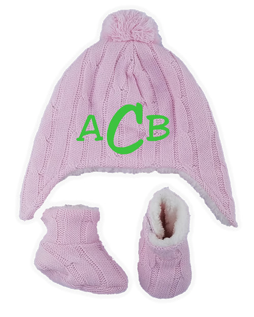 Personalized Cable Knit Hat & Bootie Set - Pink Accessories Rose Textiles   