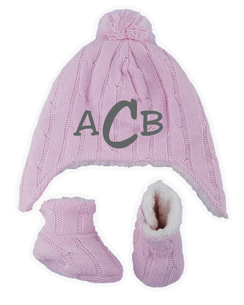 Personalized Cable Knit Hat & Bootie Set - Pink Accessories Rose Textiles   