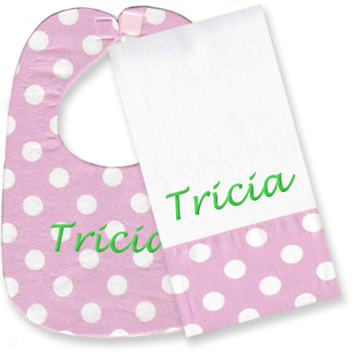 Personalized Bib/Burp Set  Pink with White Circles Discontinued Discontinued   