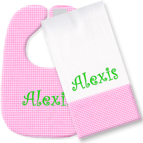 Personalized Bib/Burp Set  Pink Gingham Bib & Burp Sets Moonbeam Baby   