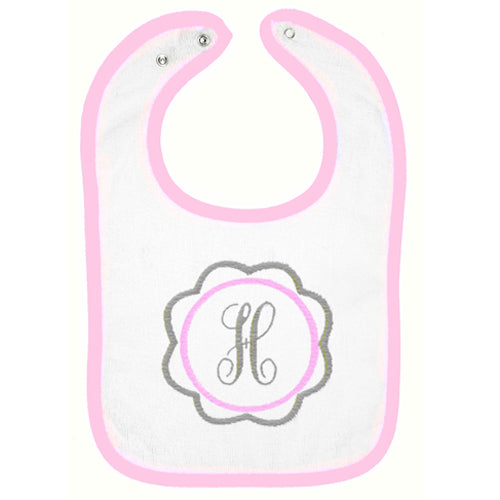 Embroidered Bib  Pink & Grey Frame with Pink Trim Bibs Moonbeam Baby   